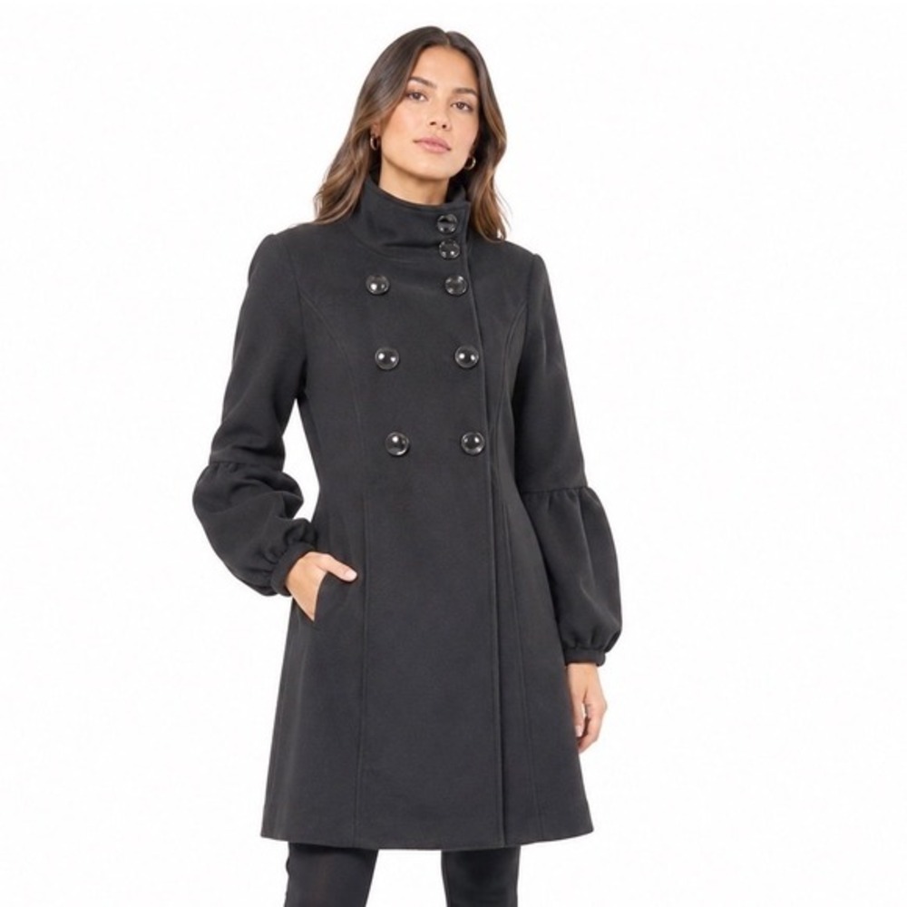 Via Gray Wool Blend Puff Sleeve Double Breasted‎ Pea Coat 12 Vintage Chic 60-05
